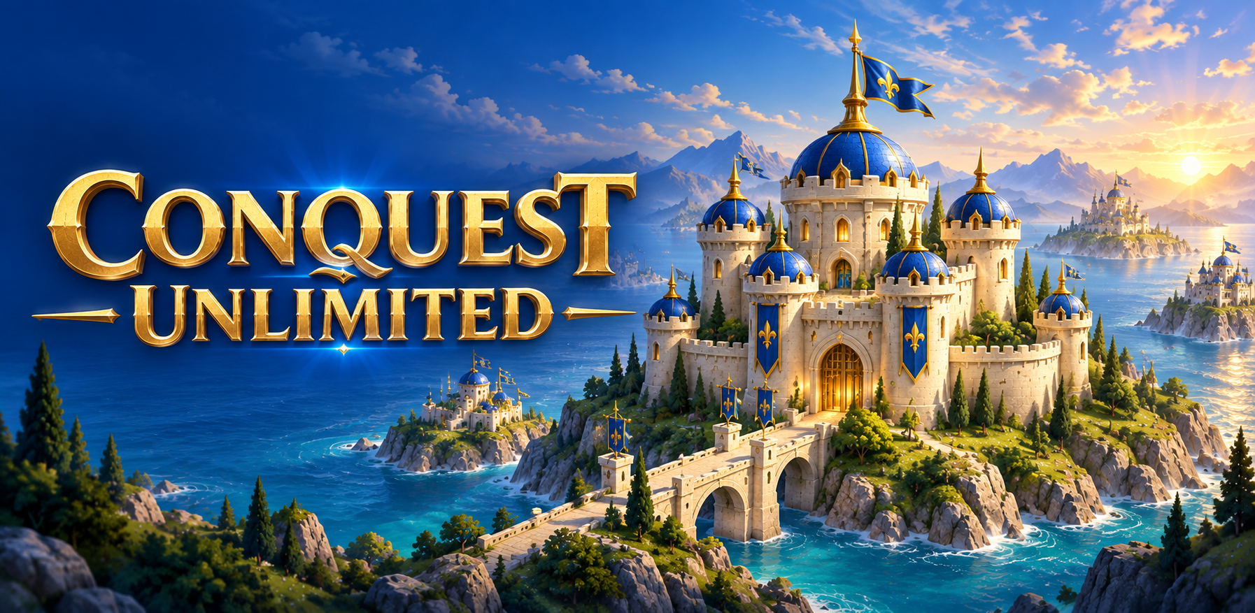 Conquest Unlimited: a golden title beside a blue-roofed island castle